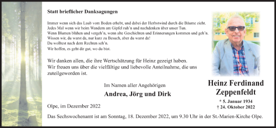 Traueranzeige von Heinz Ferdinand Zeppenfeldt von Siegener Zeitung