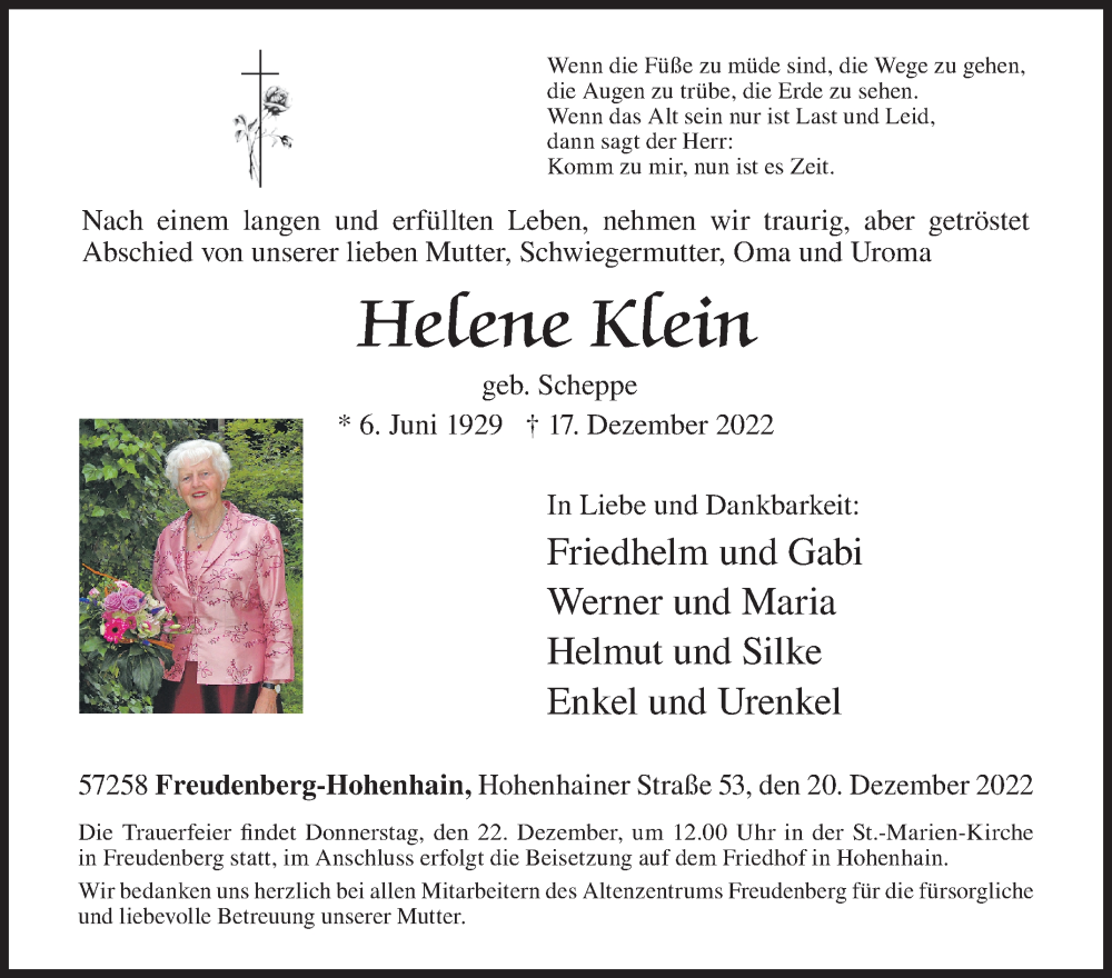  Traueranzeige für Helene Klein vom 20.12.2022 aus Siegener Zeitung