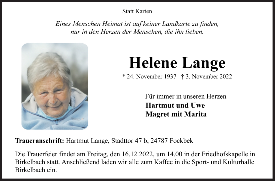Traueranzeige von Helene Lange von Siegener Zeitung