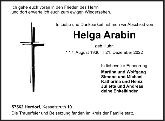 Traueranzeige von Helga Arabin von Siegener Zeitung