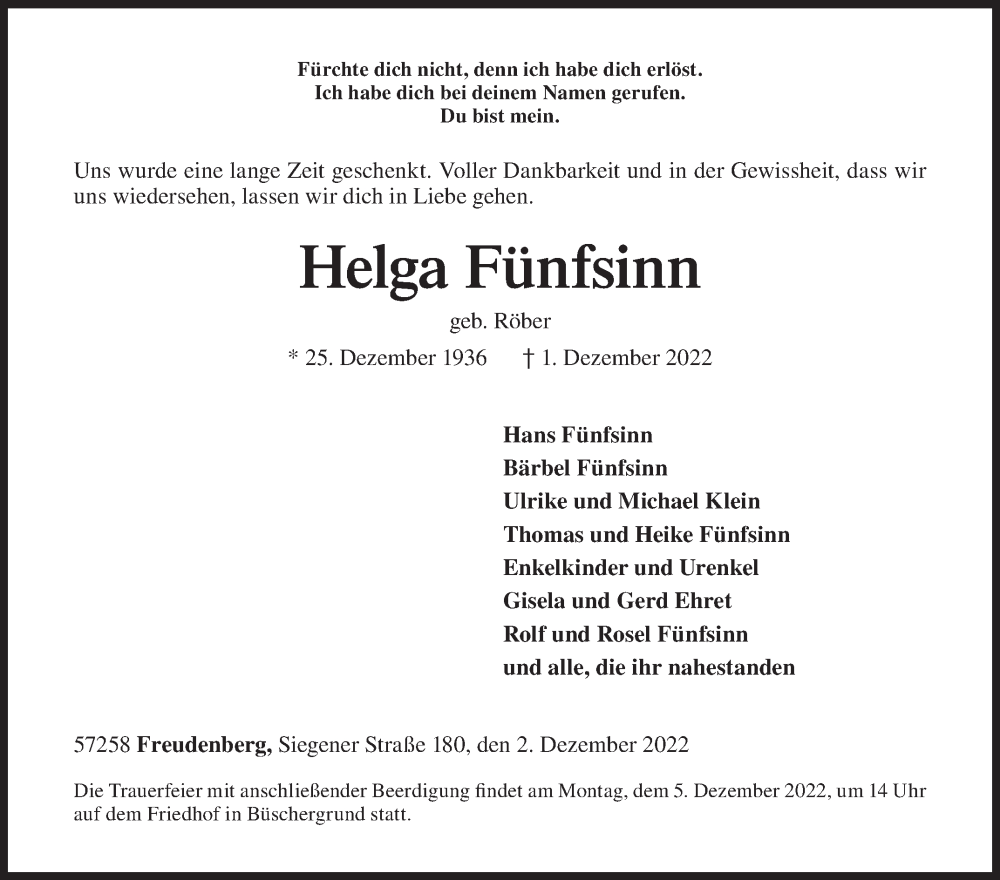 Traueranzeige für Helga Fünfsinn vom 02.12.2022 aus Siegener Zeitung