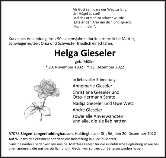 Traueranzeige von Helga Gieseler von Siegener Zeitung