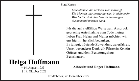 Traueranzeige von Helga Hoffmann von Siegener Zeitung