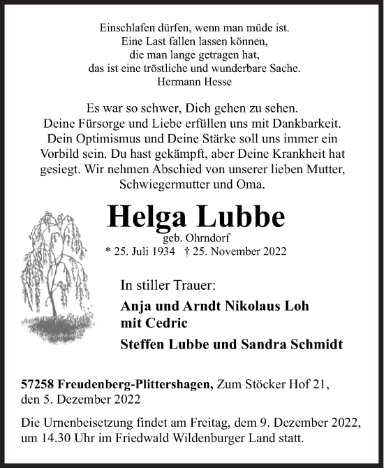 Traueranzeige von Helga Lubbe von Siegener Zeitung