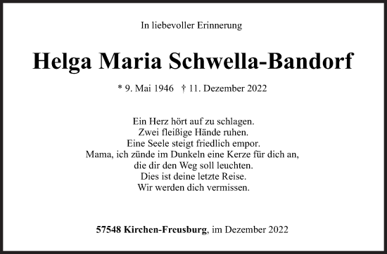 Traueranzeige von Helga Maria Schwella-Bandorf von Siegener Zeitung