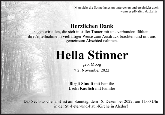 Traueranzeige von Hella Stinner von Siegener Zeitung