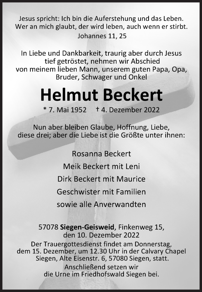  Traueranzeige für Helmut Beckert vom 10.12.2022 aus Siegener Zeitung