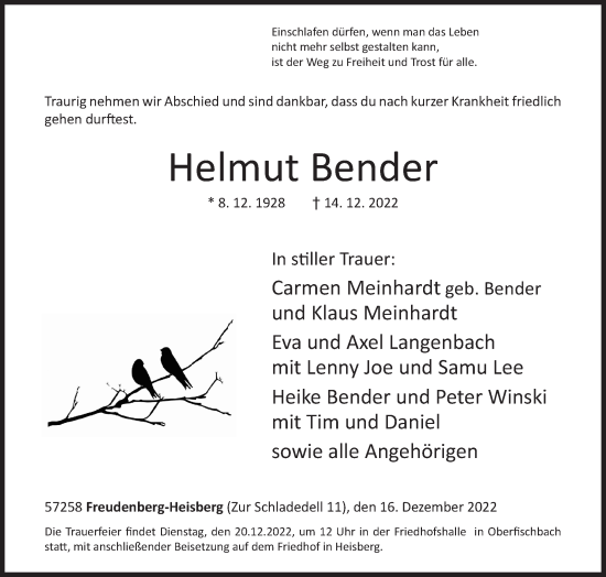 Traueranzeige von Helmut Bender von Siegener Zeitung