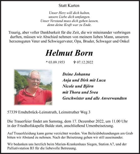 Traueranzeige von Helmut Born von Siegener Zeitung
