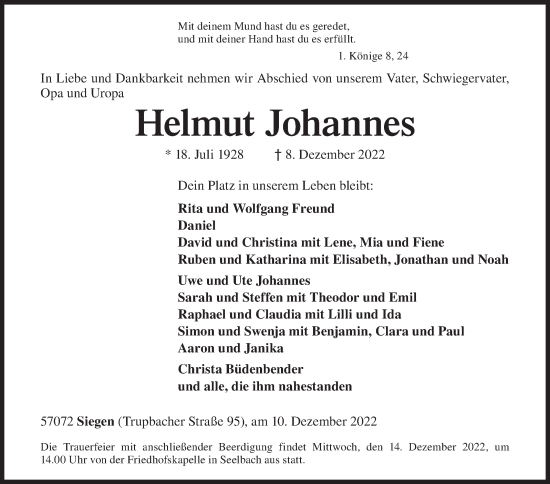 Traueranzeige von Helmut Johannes von Siegener Zeitung
