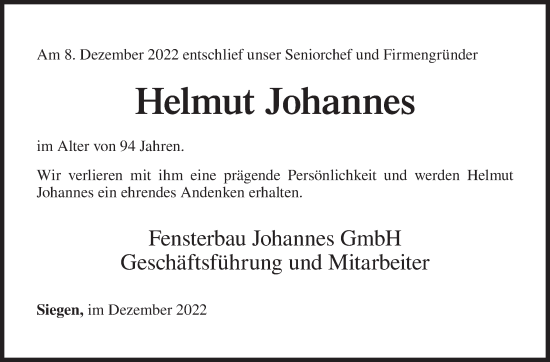 Traueranzeige von Helmut Johannes von Siegener Zeitung