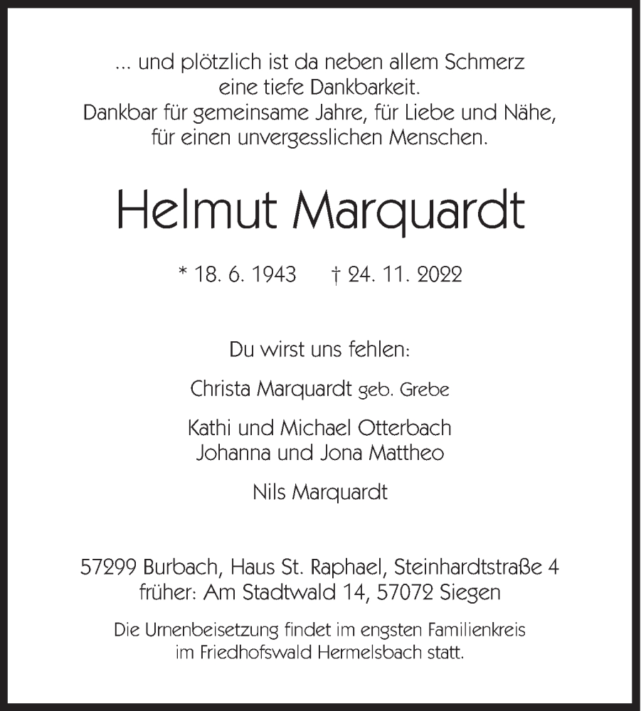  Traueranzeige für Helmut Marquardt vom 03.12.2022 aus Siegener Zeitung