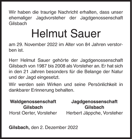 Traueranzeige von Helmut Sauer von Siegener Zeitung