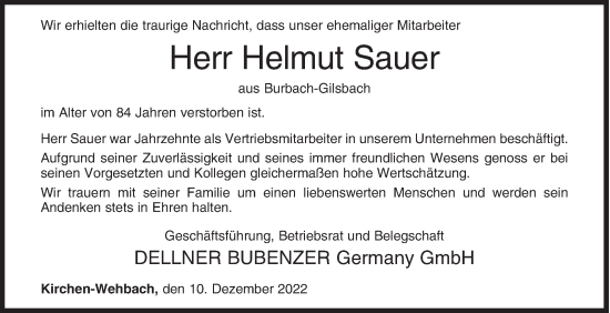 Traueranzeige von Helmut Sauer von Siegener Zeitung