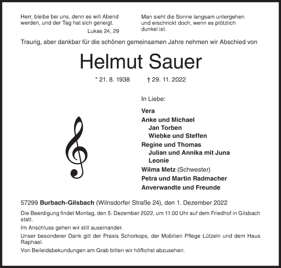 Traueranzeige von Helmut Sauer von Siegener Zeitung