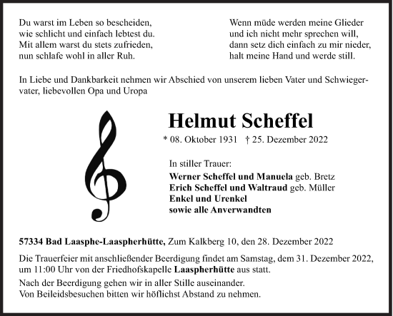 Traueranzeige von Helmut Scheffel von Siegener Zeitung