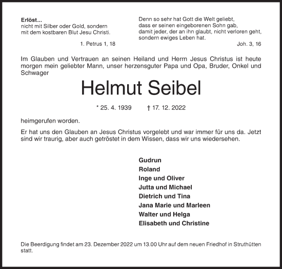 Traueranzeige von Helmut Seibel von Siegener Zeitung