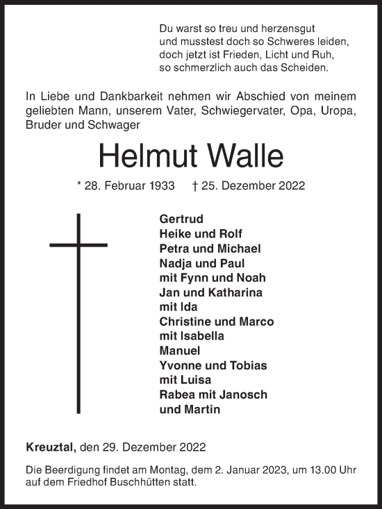 Traueranzeige von Helmut Walle von Siegener Zeitung