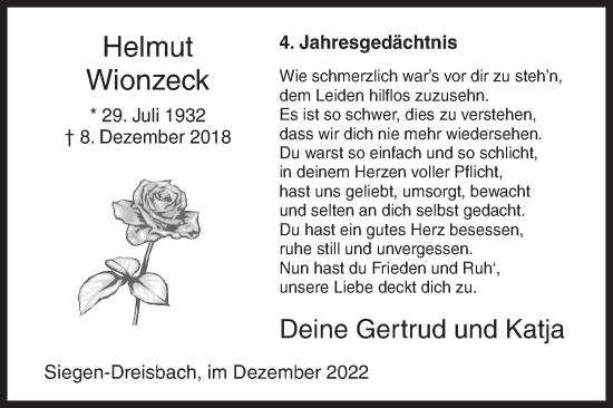 Traueranzeige von Helmut Wionzeck von Siegener Zeitung