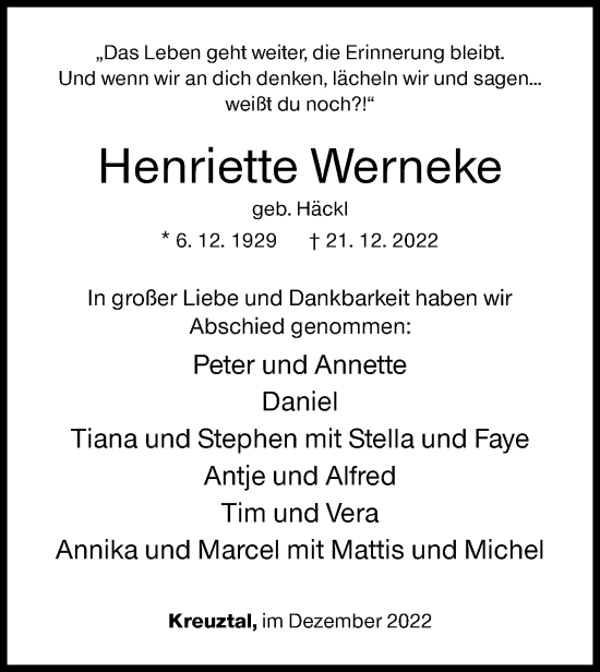 Traueranzeige von Henriette Werneke von Siegener Zeitung