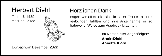 Traueranzeige von Herbert Diehl von Siegener Zeitung