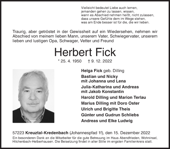 Traueranzeige von Herbert Fick von Siegener Zeitung