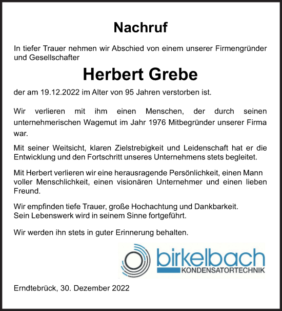 Traueranzeige von Herbert Grebe von Siegener Zeitung