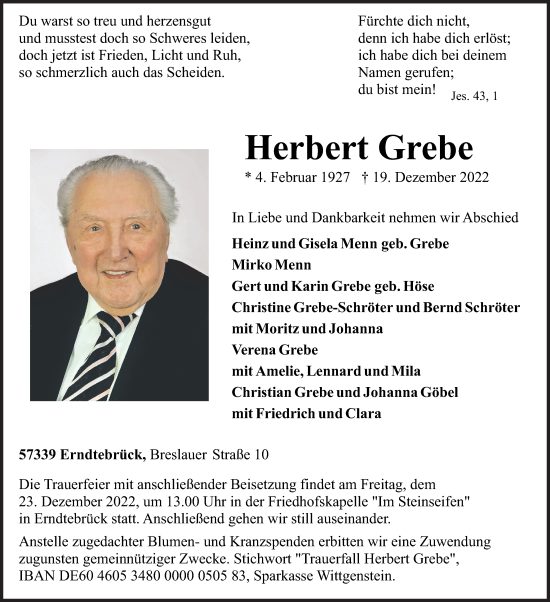 Traueranzeige von Herbert Grebe von Siegener Zeitung
