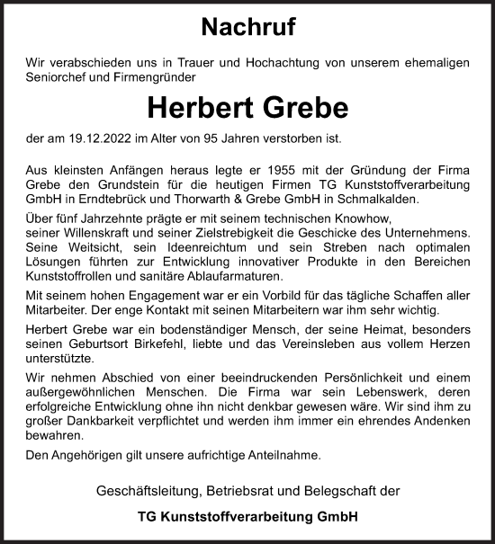 Traueranzeige von Herbert Grebe von Siegener Zeitung