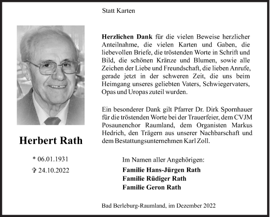 Traueranzeige von Herbert Rath von Siegener Zeitung
