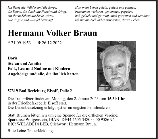 Traueranzeige von Hermann Volker Braun von Siegener Zeitung