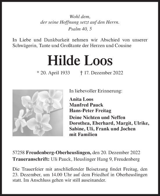 Traueranzeige von Hilde Loos von Siegener Zeitung