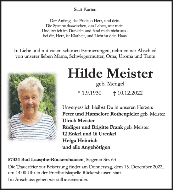 Traueranzeige von Hilde Meister von Siegener Zeitung