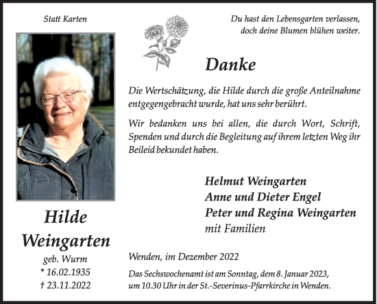 Traueranzeige von Hilde Weingarten von Siegener Zeitung