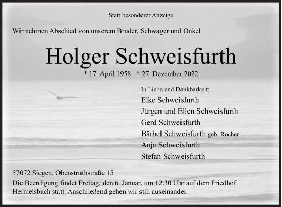 Traueranzeige von Holger Schweisfurth von Siegener Zeitung