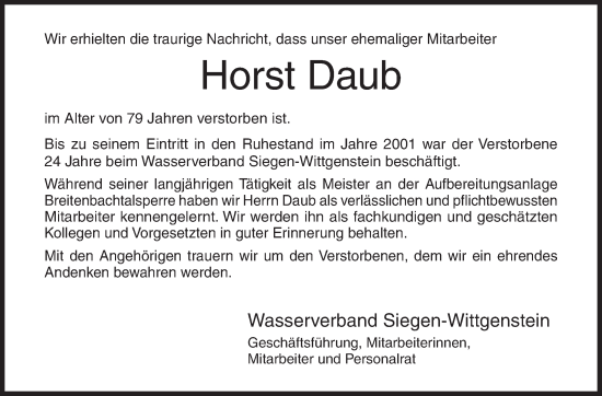 Traueranzeige von Horst Daub von Siegener Zeitung