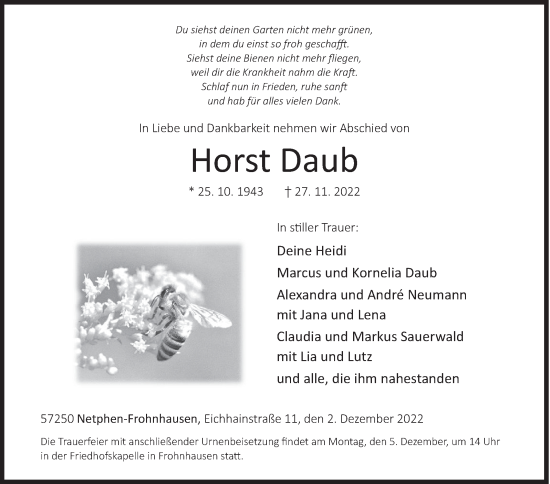 Traueranzeige von Horst Daub von Siegener Zeitung