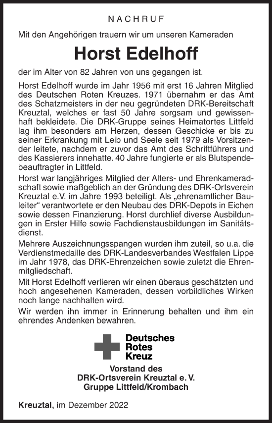 Traueranzeige von Horst Edelhoff von Siegener Zeitung