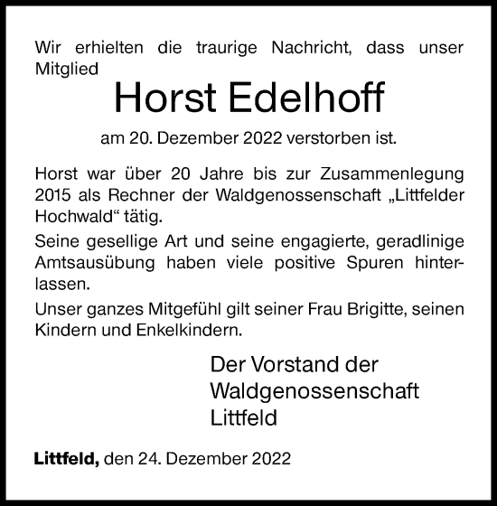 Traueranzeige von Horst Edelhoff von Siegener Zeitung