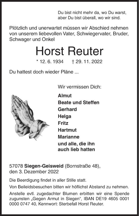 Traueranzeige von Horst Reuter von Siegener Zeitung