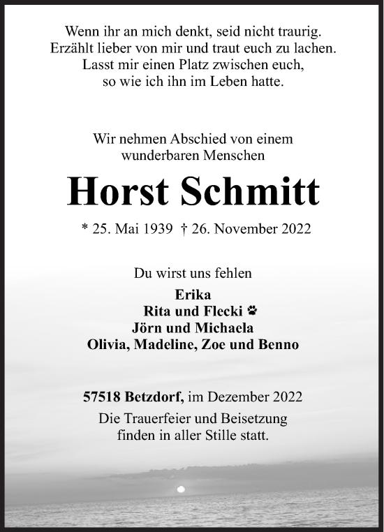 Traueranzeige von Horst Schmitt von Siegener Zeitung