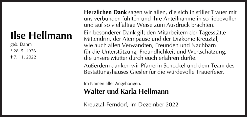  Traueranzeige für Ilse Hellmann vom 17.12.2022 aus Siegener Zeitung