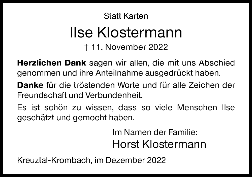  Traueranzeige für Ilse Klostermann vom 20.12.2022 aus Siegener Zeitung