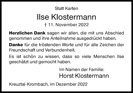 Traueranzeige von Ilse Klostermann von Siegener Zeitung