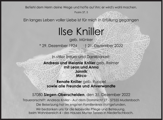 Traueranzeige von Ilse Kniller von Siegener Zeitung
