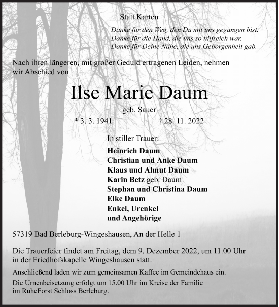 Traueranzeige von Ilse Marie Daum von Siegener Zeitung