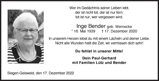 Traueranzeige von Inge Bender von Siegener Zeitung