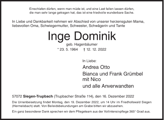 Traueranzeige von Inge Dominik von Siegener Zeitung
