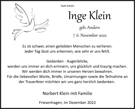Traueranzeige von Inge Klein von Siegener Zeitung