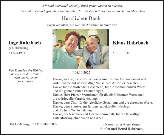 Traueranzeige von Inge und Klaus Rahrbach von Siegener Zeitung